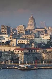 Images Dated 3rd March 2012: Cuba, Havana, Havana Vieja, elevated view of buildings along Havana Bay, dawn