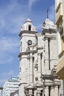 Havana Prints: Cuba, Havana, Old Havana. Clock tower of church in Cathedral Plaza