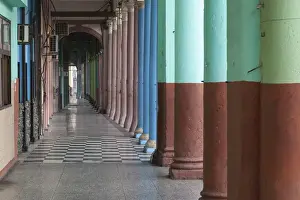 Hallway Prints: Cuba, Havana. Repeating columns of an arcade along the Paseo del Prado