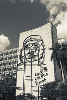 Communist Prints: Cuba, Havana, Vedado, Plaza de la Revolucion, Interior Ministry with portrait of