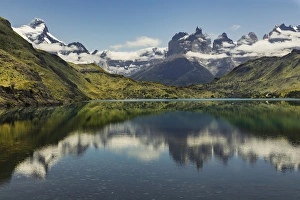 Prints of Cuernos del Paine (Horns of Paine) reflecting on lake, Torres del Paine National Park, Chile, Patagonia Images Dated 2016 December: Cuernos del Paine (Horns of Paine) reflecting on lake, Torres del Paine National Park