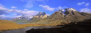 South American Prints: Cumbres, Torres and Cuernos del Paine in the Paine Mountains during sunrise with Lago Nordenskjoeld