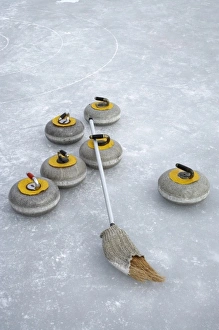 Images Dated 16th July 2007: Curling Stones, Bonspiel on Frozen Idaburn Dam, Oturehua, Maniototo, Central Otago