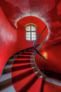 Images Dated 16th July 2024: Curved stairway with window and carpet. (AI Generated)