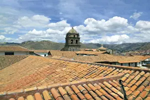 Cusco Prints: Cusco, Peru, red tiled rooftops and the Cusco Cathedral and mountains