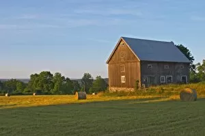 Images Dated 10th August 2004: Cut field with hay bales at sunrise. Old farm house barn. Traditional style Swedish
