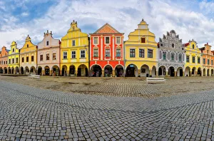 Jim Nilsen Prints: Czech Republic, Telc. Panoramic of colorful houses on main square