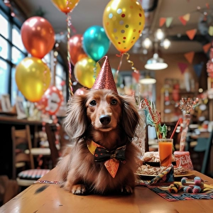 Ai Generated Prints: Dachshund adult dog at birthday party. (AI Generated)