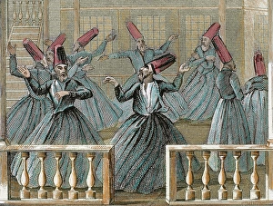 Dance of the Sufi dervishes. 19th century. Colored engraving
