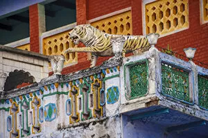 Decorated balcony with a tiger statue, Varanasi, India