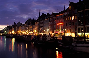 Nyhavn Prints: Denmark, Copenhagen, Nyhavn at dusk