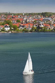 Denmark Collection: Denmark, Funen, Svendborg, elevated town view with sailboat