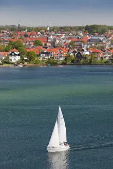 Skyline Prints: Denmark, Funen, Svendborg, elevated town view with sailboat