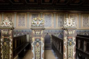 Images Dated 6th June 2011: Denmark, Helsingoer. Kronborg Castle (aka Kronborg Slot). Ornate carved wooden chruch pew