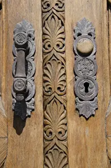 Handle Prints: Denmark, Helsingoer. Ornate wooden door of the Helsingoer Kommune Radhus building