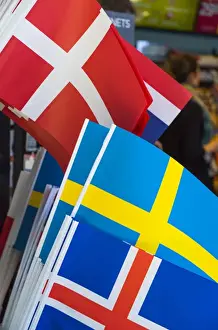 Denmark, Zealand, Copenhagen, souvenir Scandinavian flags, Denmark, Sweden and Norway