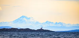 Victoria Prints: Discovery Island Lighthouse, Victoria, BC against Mt. Baker in WA