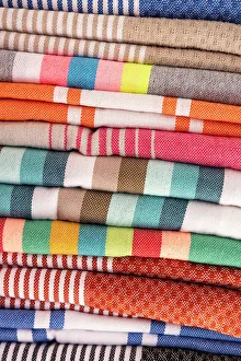 Tunisia Prints: Djerba, Medenine, Tunisia. Colorful cloth for sale at the Houmt Souk