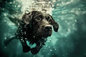 Bubble Prints: Dog diving underwater. (AI Generated)