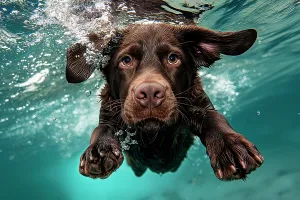 Looking At Camera Prints: Dog diving underwater. AI Generated
