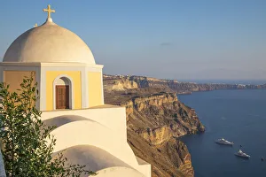 Images Dated 2018 August: Domed church with steeple in town of Fira, Santorini, Greece