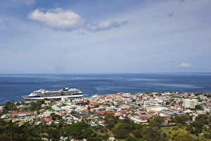 West Indies Prints: Dominica, Roseau, elevated town view with cruiseship