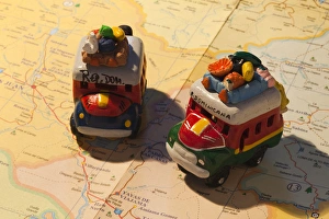Dominican Republic, Punta Cana Region, Bavaro, toy busses on Dominican map