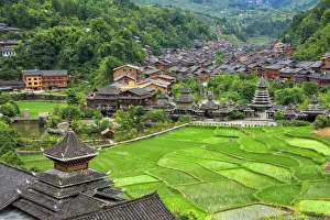 Dong village and rice paddy in the mountain, Zhaoxing, Guizhou Province, China