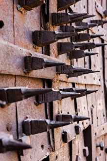 South Asia Prints: Door with spikes for defense against elephant attacks. 10th century. Jodhpur. Rajasthan
