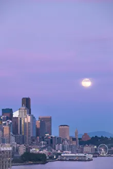 Elliott Bay Prints: Downtown Seattle with a full moon rising in the evening sky, Seattle, Washington State