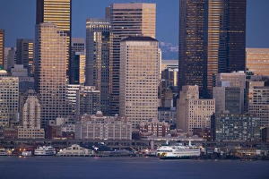Elliott Bay Prints: Downtown Seattle and waterfront in the evening, Seattle, WA