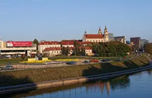 Images Dated 2027: Downtown Vilnius, Lithuania, Our Lady of the Sign Cathedral with skyline and skyscrapers