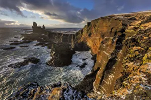 Mountains Prints: Dramatic cliffs at Londrangar sea stacks in the North Atlantic ocean on the Snaefellsnes