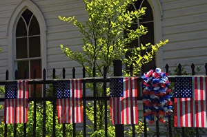 Festive Prints: Draped flags; July 4th; Parade; Ridgefield; Washington; USA