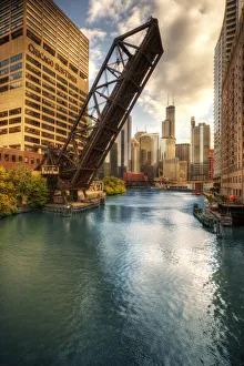 Skyline Prints: A drawbridge spans the Chicago river in Illinois