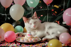 Festive Prints: Drowsy cat and balloons. (AI Generated)