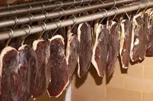 Hook Prints: Ducks breast (magret or filet de canard) hanging on hooks in a temperature controlled