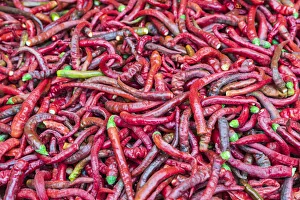 Tajikistan Prints: Dushanbe, Tajikistan. Chili peppers for sale at the Mehrgon Market in Dushanbe