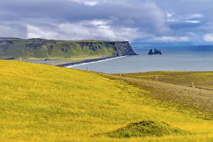 Promontory Prints: Dyrholaey Park green cliffs, Reynisfjara black sand beach, South Shore, Iceland