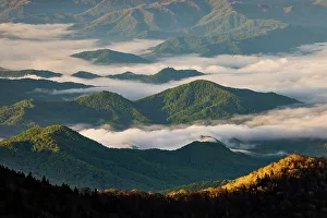 North Carolina Prints: Early morning spring view of mountains and mist