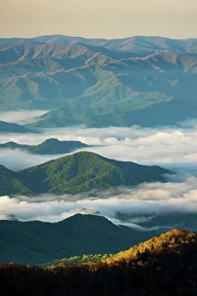 North Carolina Prints: Early morning spring view of mountains and mist