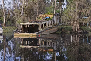 Wrecked Prints: Early spring view of old abandoned boat