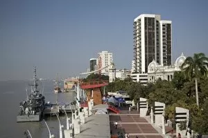 Ecuador, Guayaquil. Overlooking the Malecon tourist area with a navy ship docked nearby