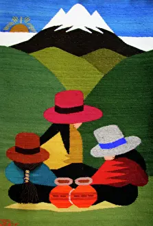 Hanging Prints: Ecuador, Otavalo. Woven wallhangings displaying scenes of Andean life and culture