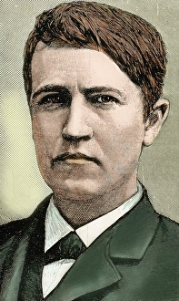 One Mid Adult Man Only Prints: Edison, Thomas Alva (1847-1931). American Inventor. Nineteenth-century colored engraving