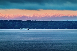 Prints of Edmonds to Kingston ferry run and morning view of the Olympic Mountains and the town of Kingston, Washington State, USA Images Dated 2024 April: Edmonds to Kingston ferry run and morning view of the Olympic Mountains and the town of Kingston