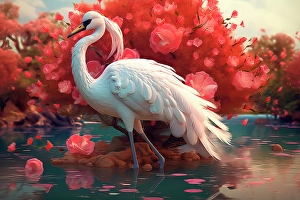 Egret Prints: Egret in a pond with pink flowers