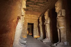 Egypt, Abu Simbel, The Greater Temple, Statues line the entrance inside the Temple
