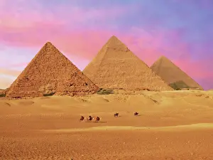 Egypt Prints: Egypt, Cairo, Giza, View of all three Great Pyramids at sunset