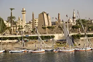 Felucca Prints: Egypt, Luxor. Tall-masted felucca sailboats moored on the banks for the Nile in front
